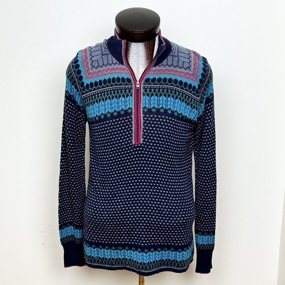 Eddie Bauer Blue Aqua Fair Isle 1/2 Zip Sweater Sz Large Long Sleeve Womens READ
